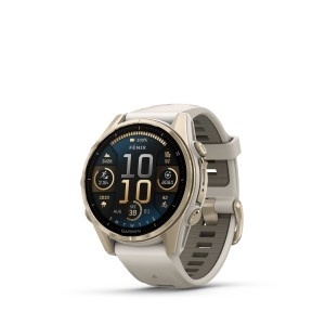 GARMIN FĒNIX® 8 - 43 mm AMOLED, Sapphire - Soft Gold with Fog Gray/Dark Sandstone Silicone Strap