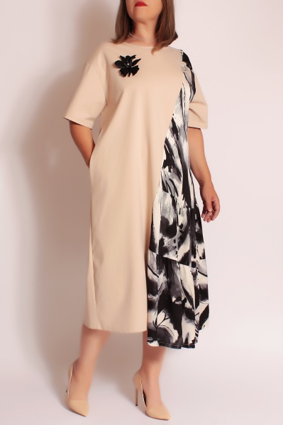 Rochie bej, OVERSIZE, tricot tip jerse si satin.