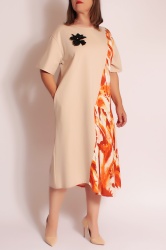 Rochie bej, OVERSIZE, tricot tip jerse si satin. - Img 2