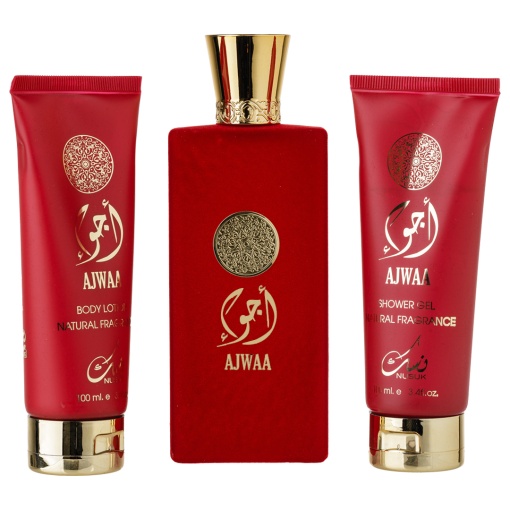 Cadou Ajwaa Apa de Parfum 100ml + Gel De Dus 100ml + Lotiune de corp 100ml, Nusuk Parfum arabesc