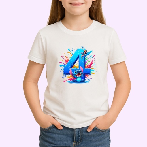 Tricou Alfabet Cifra 4 cu Lilo si Stitch albastru, veselie mare, Alb, Unisex Dama si Barbat | Copii