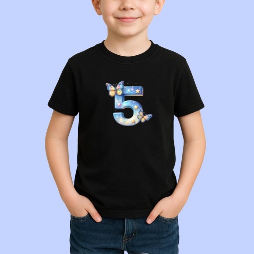 Tricou Alfabet Cifra 5 cu fluturi colorati, stele aurii, flori colorate, Negru, Unisex Dama si Barbat | Copii