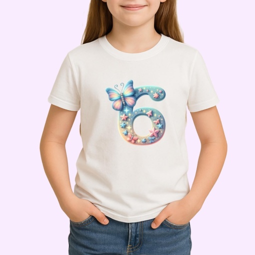 Tricou Alfabet Cifra 6 cu fluturi colorati, stele aurii, flori colorate, Alb, Unisex Dama si Barbat | Copii