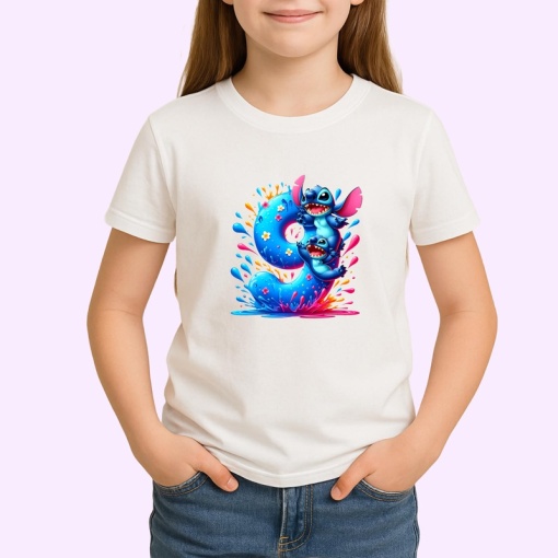 Tricou Alfabet CIfra 9 cu Lilo si Stitch albastru, veselie mare, Alb, Unisex Dama si Barbat | Copii