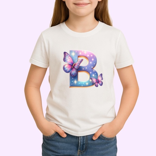 Tricou Alfabet Litera B cu fluturi colorati, stele aurii, flori colorate, Alb, Unisex Dama si Barbat | Copii