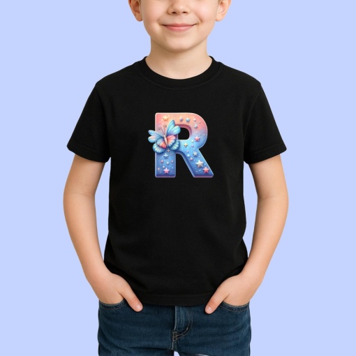 Tricou Alfabet Litera R cu fluturi colorati, stele aurii, flori colorate, Negru, Unisex Dama si Barbat | Copii
