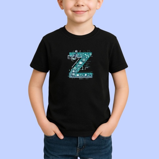 Tricou Alfabet Litera Z cu circuite, cyber, tehnologie, Negru, Unisex Dama si Barbat | Copii