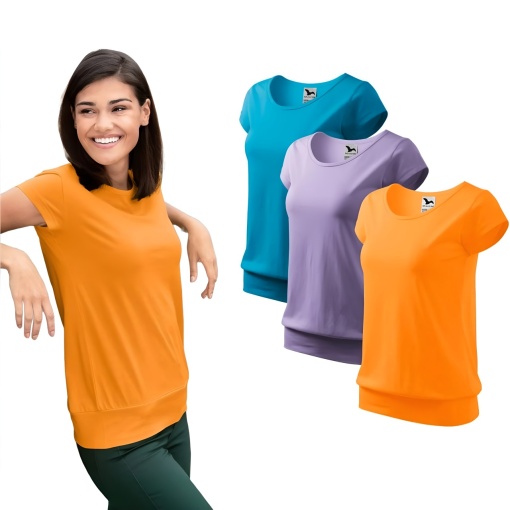 Set 3 tricouri dama bumbac 100%, cu banda aplicata jos elegant casual pentru femei 120 - Turcoaz, Lavanda, Portocaliu Deschis