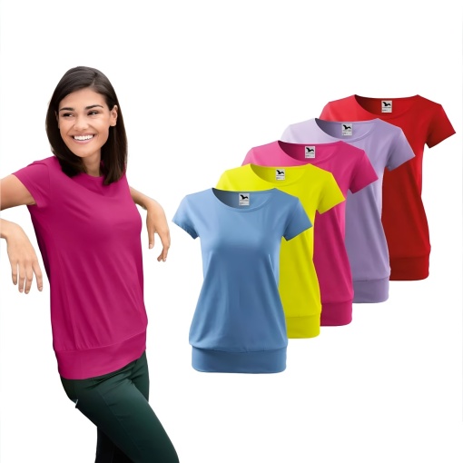Set 5 tricouri dama din bumbac 100%, cu banda aplicata jos elegant casual pentru femei 120 - Rosu Lavanda Roz Galben Albastru