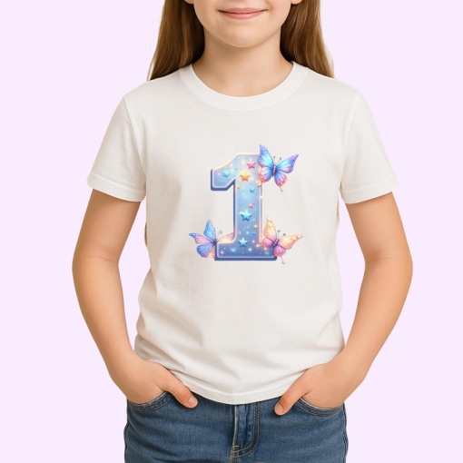 Tricou Alfabet Cifra 1 cu fluturi colorati, stele aurii, flori colorate, Alb, Unisex Dama si Barbat | Copii