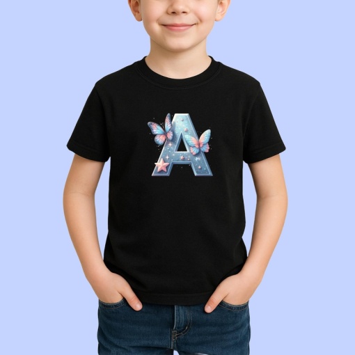 Tricou Alfabet Litera A cu fluturi colorati, stele aurii, flori colorate, Negru, Unisex Dama si Barbat | Copii