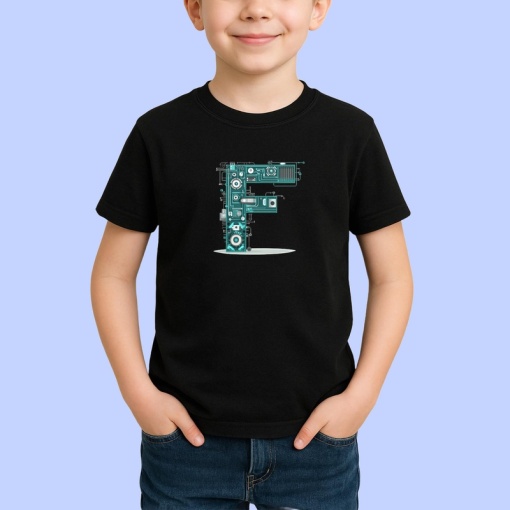 Tricou Alfabet Litera F cu circuite, cyber, tehnologie, Negru, Unisex Dama si Barbat | Copii