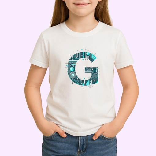 Tricou Alfabet Litera G cu circuite, cyber, tehnologie, Alb, Unisex Dama si Barbat | Copii