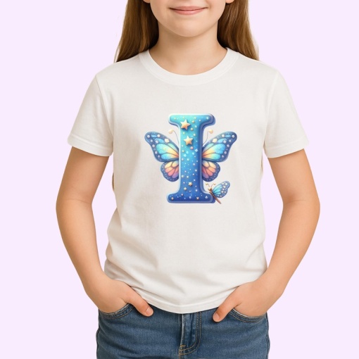 Tricou Alfabet Litera I cu fluturi colorati, stele aurii, flori colorate, Alb, Unisex Dama si Barbat | Copii