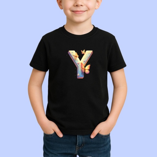 Tricou Alfabet Litera Y cu fluturi colorati, stele aurii, flori colorate, Negru, Unisex Dama si Barbat | Copii