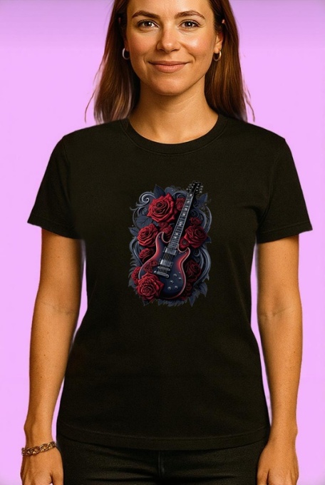 Tricou Chitara Flori Trandafiri Rock, Copii | Dama | Barbat, culoare negru