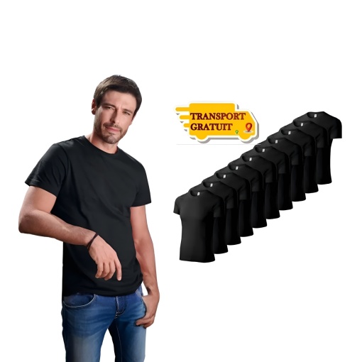 Set 10 tricouri simple negre din bumbac 100%, clasic pentru barbati, Negru P73