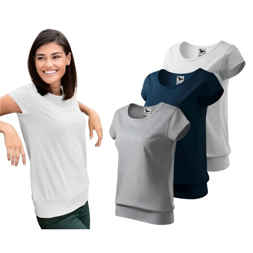 Set 3 tricouri bumbac 100%, cu banda aplicata jos elegant casual pentru femei 120 - Alb Gri Albastru Marin