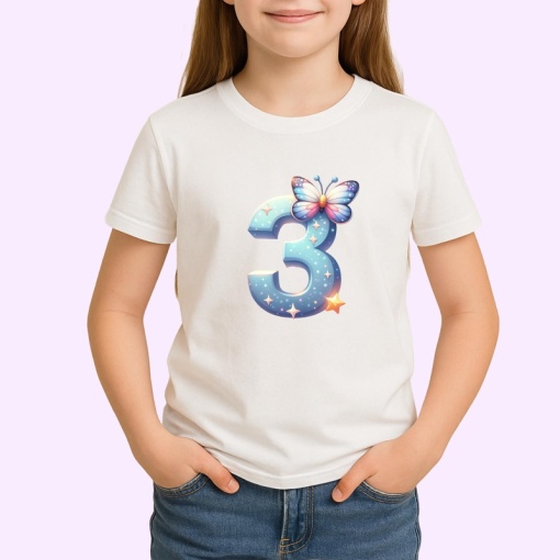 Tricou Alfabet Cifra 3 cu fluturi colorati, stele aurii, flori colorate, Alb, Unisex Dama si Barbat | Copii