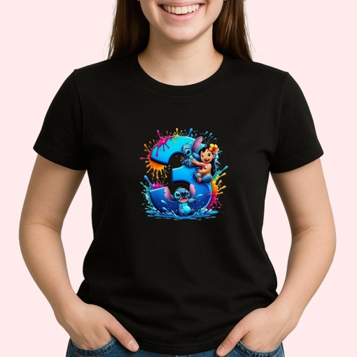 Tricou Alfabet Cifra 3 cu Lilo si Stitch albastru, veselie mare, Negru, Unisex Dama si Barbat | Copii