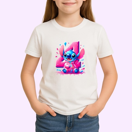 Tricou Alfabet Cifra 4 cu Stitch Roz fericit, explozie de culori, Alb, Unisex Dama si Barbat | Copii