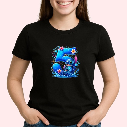 Tricou Alfabet Cifra 5 cu Lilo si Stitch albastru, veselie mare, Negru, Unisex Dama si Barbat | Copii