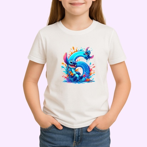 Tricou Alfabet Cifra 6 cu Lilo si Stitch albastru, veselie mare, Alb, Unisex Dama si Barbat | Copii