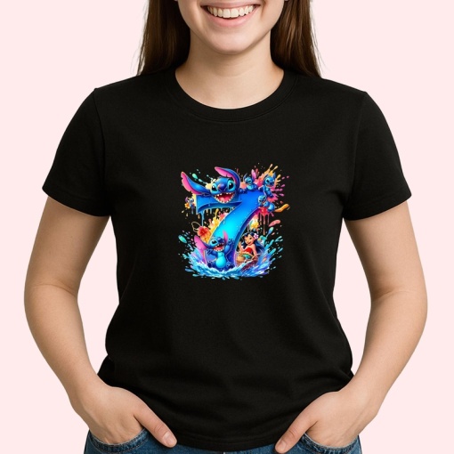 Tricou Alfabet Cifra 7 cu Lilo si Stitch albastru, veselie mare, Negru, Unisex Dama si Barbat | Copii