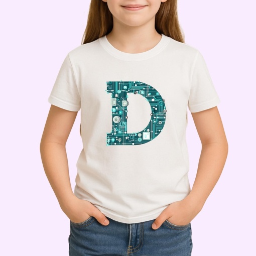 Tricou Alfabet Litera D cu circuite, cyber, tehnologie, Alb, Unisex Dama si Barbat | Copii