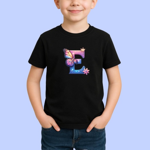 Tricou Alfabet Litera E cu fluturi colorati, stele aurii, flori colorate, Negru, Unisex Dama si Barbat | Copii