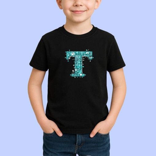 Tricou Alfabet Litera T cu circuite, cyber, tehnologie, Negru, Unisex Dama si Barbat | Copii
