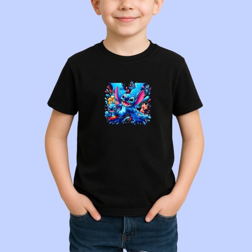 Tricou Alfabet Litera X cu Lilo si Stitch albastru, veselie mare, Mare, Negru, Unisex Dama si Barbat | Copii