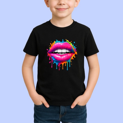 Tricou Buze Colorate Gloss Lipstick Negru, Copii | Dama | Barbat