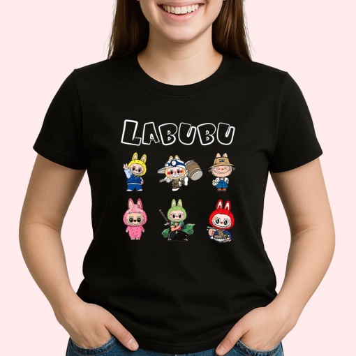 Tricou Labubu font alb, Unisex Dama si Barbat | Copii, Culoare Negru