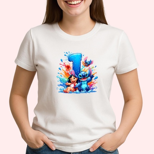 Tricou Alfabet Cifra 1 cu Lilo si Stitch albastru, veselie mare, Alb, Unisex Dama si Barbat | Copii