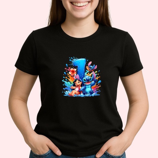 Tricou Alfabet Cifra 1 cu Lilo si Stitch albastru, veselie mare, Negru, Unisex Dama si Barbat | Copii
