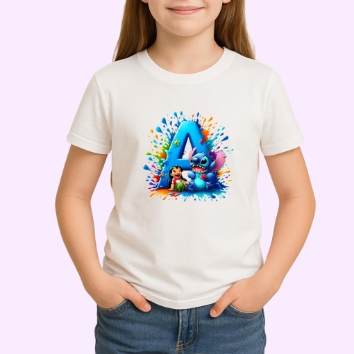 Tricou Alfabet Litera A cu Lilo si Stitch albastru, veselie mare, Alb, Unisex Dama si Barbat | Copii