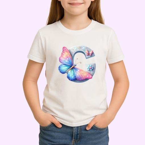 Tricou Alfabet Litera C cu fluturi colorati, stele aurii, flori colorate, Alb, Unisex Dama si Barbat | Copii