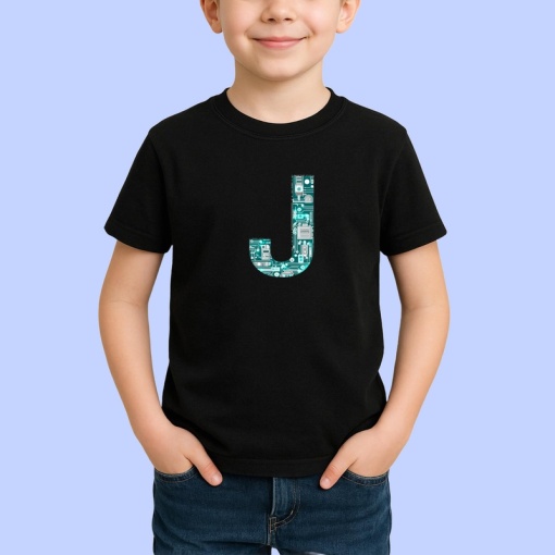 Tricou Alfabet Litera J cu circuite, cyber, tehnologie, Negru, Unisex Dama si Barbat | Copii