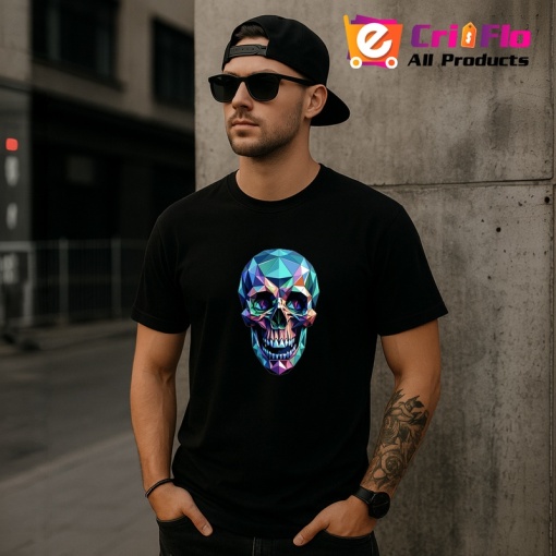 Tricou Craniu Colorat Poligonal, Copii | Dama | Barbat, culoare negru