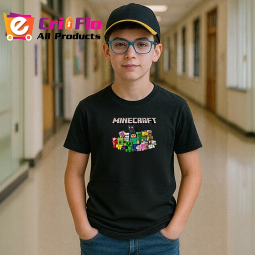 Tricou Minecraft personaje si constructii cubice in lumea virtuala, Copii | Dama | Barbat , tricou negru