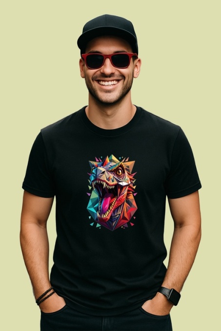 Tricou T-Rex Dinozaur Colorat Poligonal, Copii | Dama | Barbat, culoare negru