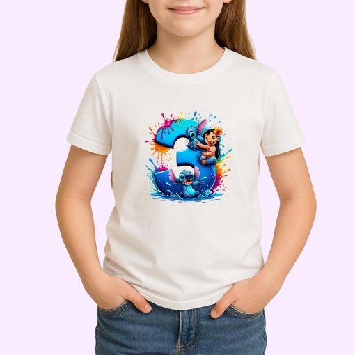 Tricou Alfabet Cifra 3 cu Lilo si Stitch albastru, veselie mare, Alb, Unisex Dama si Barbat | Copii