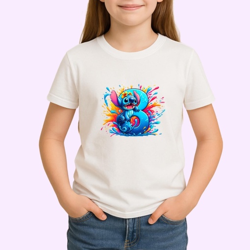 Tricou Alfabet Cifra 8 cu Lilo si Stitch albastru, veselie mare, Alb, Unisex Dama si Barbat | Copii