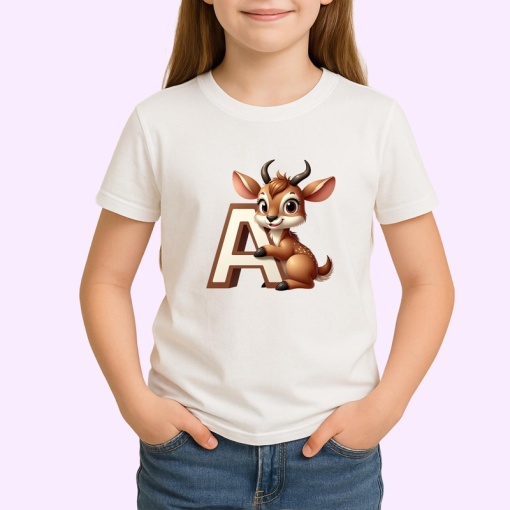 Tricou Alfabet Litera A cu animal Antilop Antilopa , Alb, Unisex Dama si Barbat | Copii