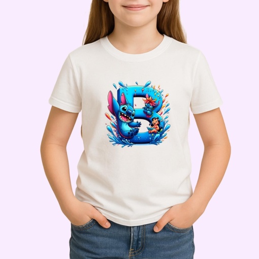 Tricou Alfabet Litera B cu Lilo si Stitch albastru, veselie mare, Alb, Unisex Dama si Barbat | Copii