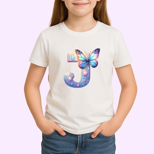 Tricou Alfabet Litera J cu fluturi colorati, stele aurii, flori colorate, Alb, Unisex Dama si Barbat | Copii