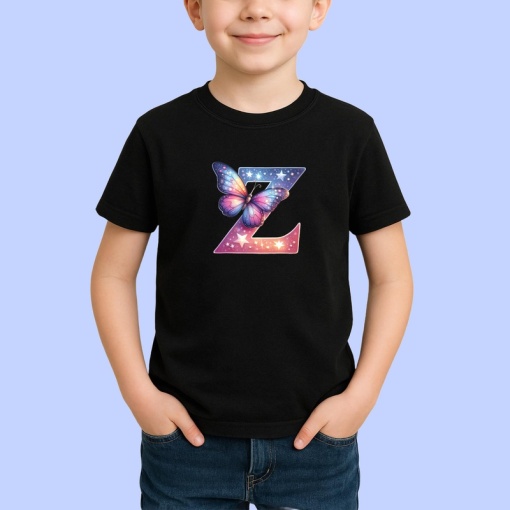 Tricou Alfabet Litera Z cu fluturi colorati, stele aurii, flori colorate, Negru, Unisex Dama si Barbat | Copii