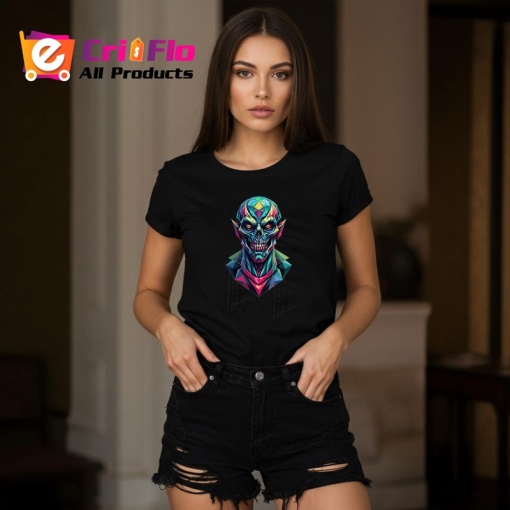Tricou Craniu Extraterestru Cyberpunk, Copii | Dama | Barbat, culoare negru