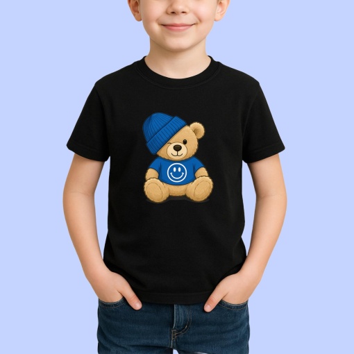Tricou Ursulet Albastru cu emoji happy Negru, Copii | Dama | Barbat